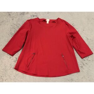 Chicos Red Knit Scoop Neck Top 3/4 Sleeve Zipper Pockets Size 2 L